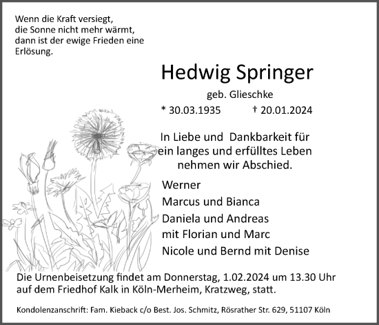 Anzeige von Hedwig Springer von Kölner Stadt-Anzeiger / Kölnische Rundschau / Express