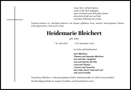 Anzeige von Heidemarie Bleichert von Kölner Stadt-Anzeiger / Kölnische Rundschau / Express