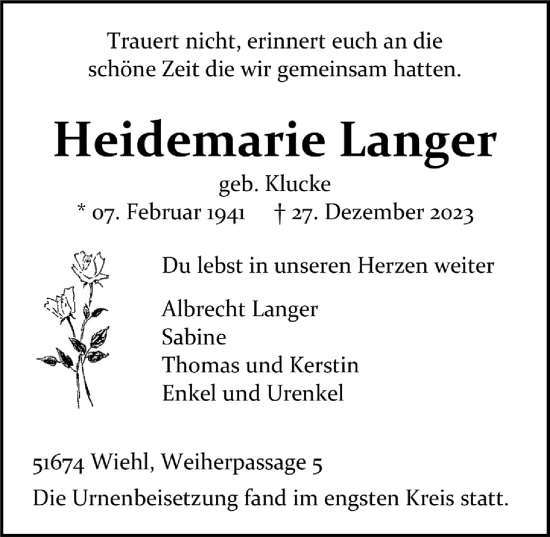 Anzeige von Heidemarie Langer von  Anzeigen Echo 