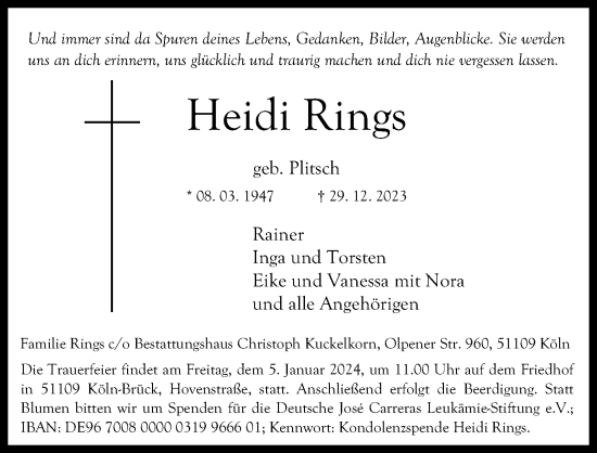 Anzeige von Heidi Rings von Kölner Stadt-Anzeiger / Kölnische Rundschau / Express