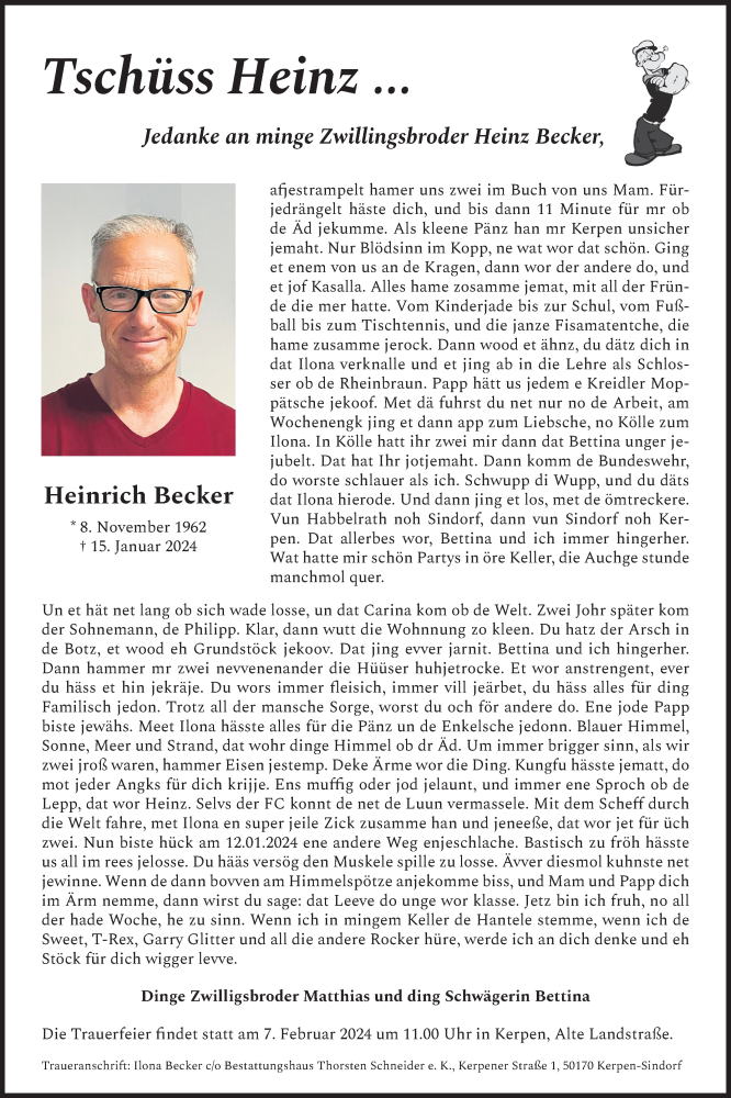  Traueranzeige für Heinrich Becker vom 27.01.2024 aus Kölner Stadt-Anzeiger / Kölnische Rundschau / Express