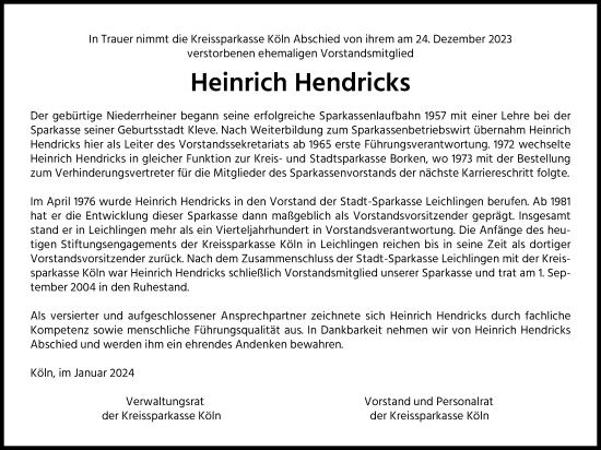 Anzeige von Heinrich Hendricks von Kölner Stadt-Anzeiger / Kölnische Rundschau / Express