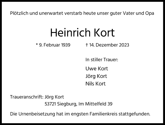 Anzeige von Heinrich Kort von Kölner Stadt-Anzeiger / Kölnische Rundschau / Express