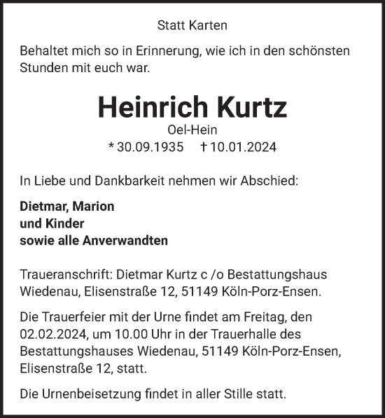 Anzeige von Heinrich Kurtz von  EXPRESS - Die Woche 
