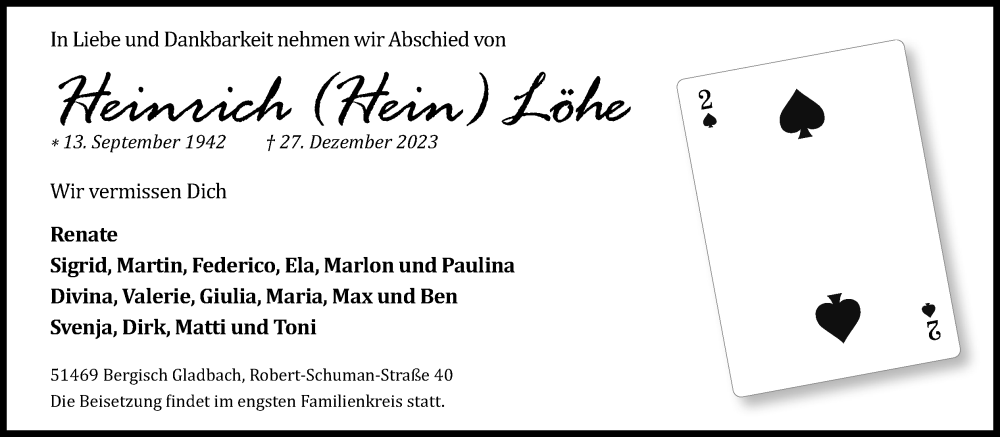  Traueranzeige für Heinrich Löhe vom 06.01.2024 aus Kölner Stadt-Anzeiger / Kölnische Rundschau / Express