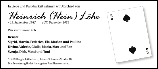 Anzeige von Heinrich Löhe von Kölner Stadt-Anzeiger / Kölnische Rundschau / Express