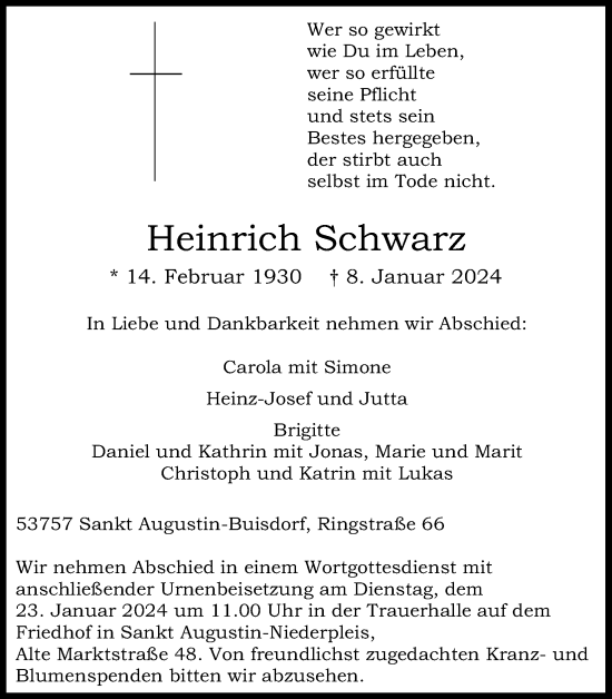 Anzeige von Heinrich Schwarz von Kölner Stadt-Anzeiger / Kölnische Rundschau / Express