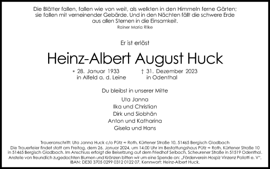 Anzeige von Heinz-Albert August Huck von Kölner Stadt-Anzeiger / Kölnische Rundschau / Express