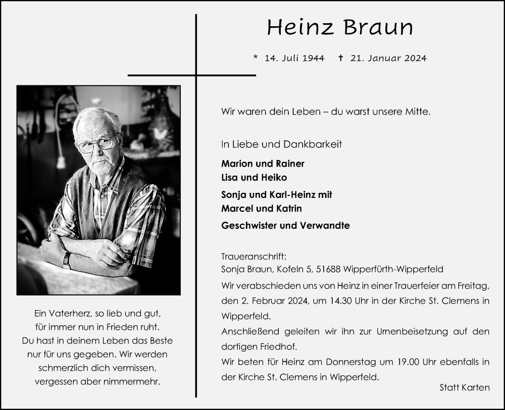  Traueranzeige für Heinz Braun vom 27.01.2024 aus Kölner Stadt-Anzeiger / Kölnische Rundschau / Express