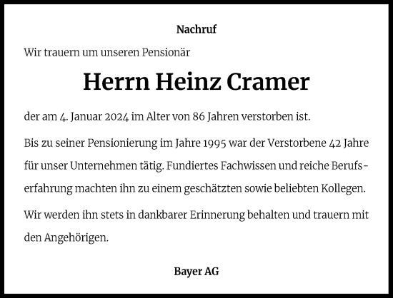 Anzeige von Heinz Cramer von Kölner Stadt-Anzeiger / Kölnische Rundschau / Express