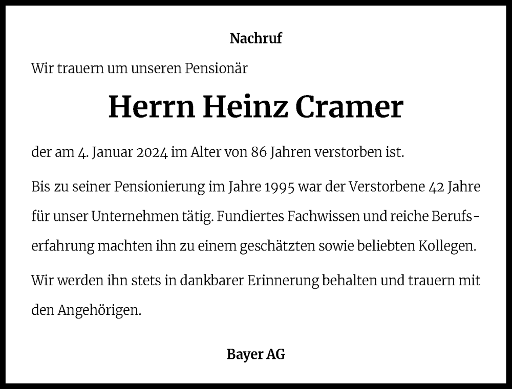  Traueranzeige für Heinz Cramer vom 13.01.2024 aus Kölner Stadt-Anzeiger / Kölnische Rundschau / Express
