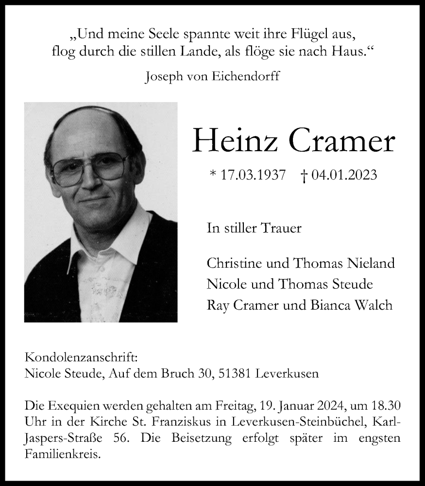  Traueranzeige für Heinz Cramer vom 13.01.2024 aus Kölner Stadt-Anzeiger / Kölnische Rundschau / Express