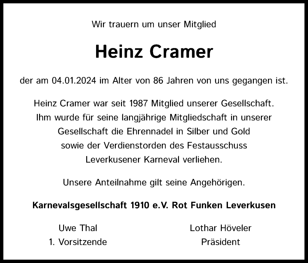  Traueranzeige für Heinz Cramer vom 27.01.2024 aus Kölner Stadt-Anzeiger / Kölnische Rundschau / Express