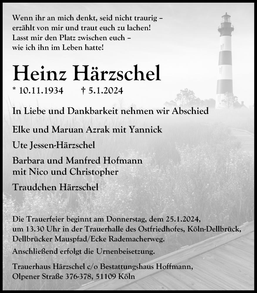  Traueranzeige für Heinz Härzschel vom 20.01.2024 aus Kölner Stadt-Anzeiger / Kölnische Rundschau / Express