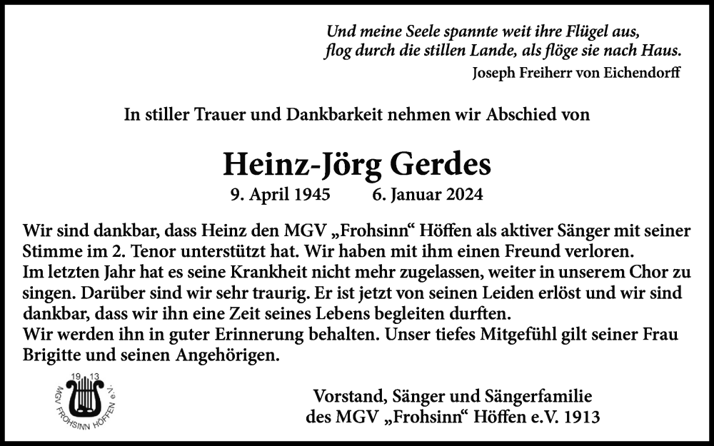  Traueranzeige für Heinz-Jörg Gerdes vom 13.01.2024 aus Kölner Stadt-Anzeiger / Kölnische Rundschau / Express