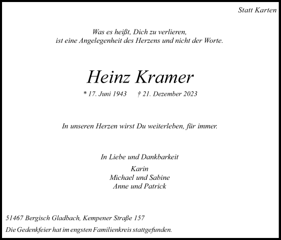 Anzeige von Heinz Kramer von Kölner Stadt-Anzeiger / Kölnische Rundschau / Express