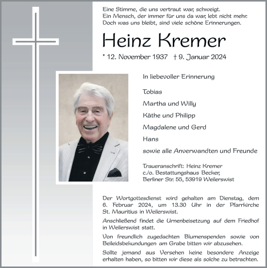 Anzeige von Heinz Kremer von  Blickpunkt Euskirchen 