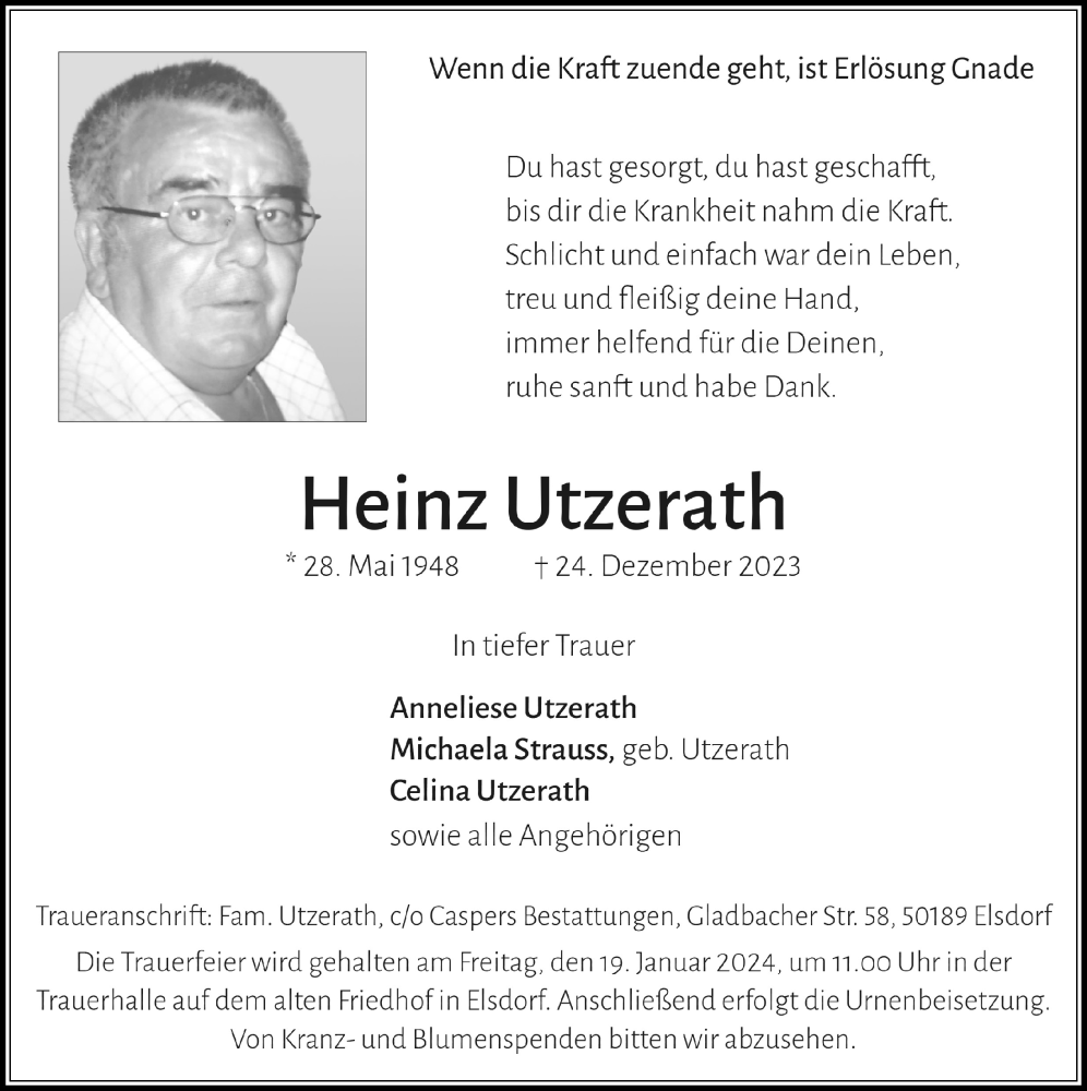  Traueranzeige für Heinz Utzerath vom 12.01.2024 aus  Werbepost 