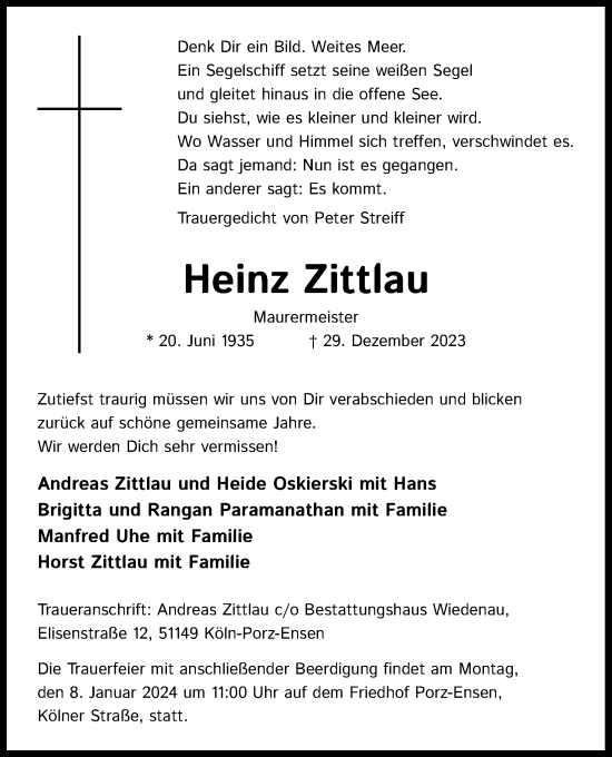 Anzeige von Heinz Zittlau von Kölner Stadt-Anzeiger / Kölnische Rundschau / Express