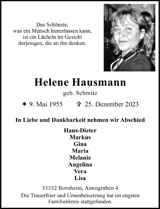 Anzeige von Helene Hausmann von  Schlossbote/Werbekurier 