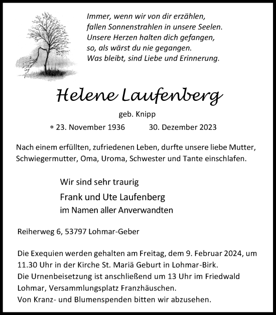 Anzeige von Helene Laufenberg von Kölner Stadt-Anzeiger / Kölnische Rundschau / Express