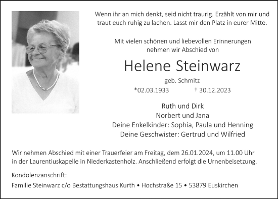 Anzeige von Helene Steinwarz von  Blickpunkt Euskirchen 