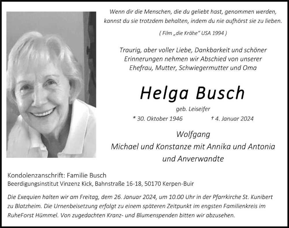  Traueranzeige für Helga Busch vom 19.01.2024 aus  Werbepost 