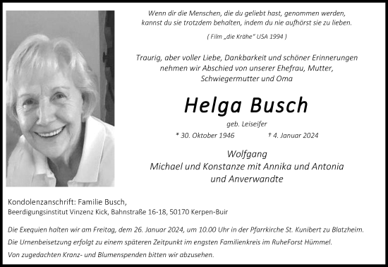 Anzeige von Helga Busch von Kölner Stadt-Anzeiger / Kölnische Rundschau / Express