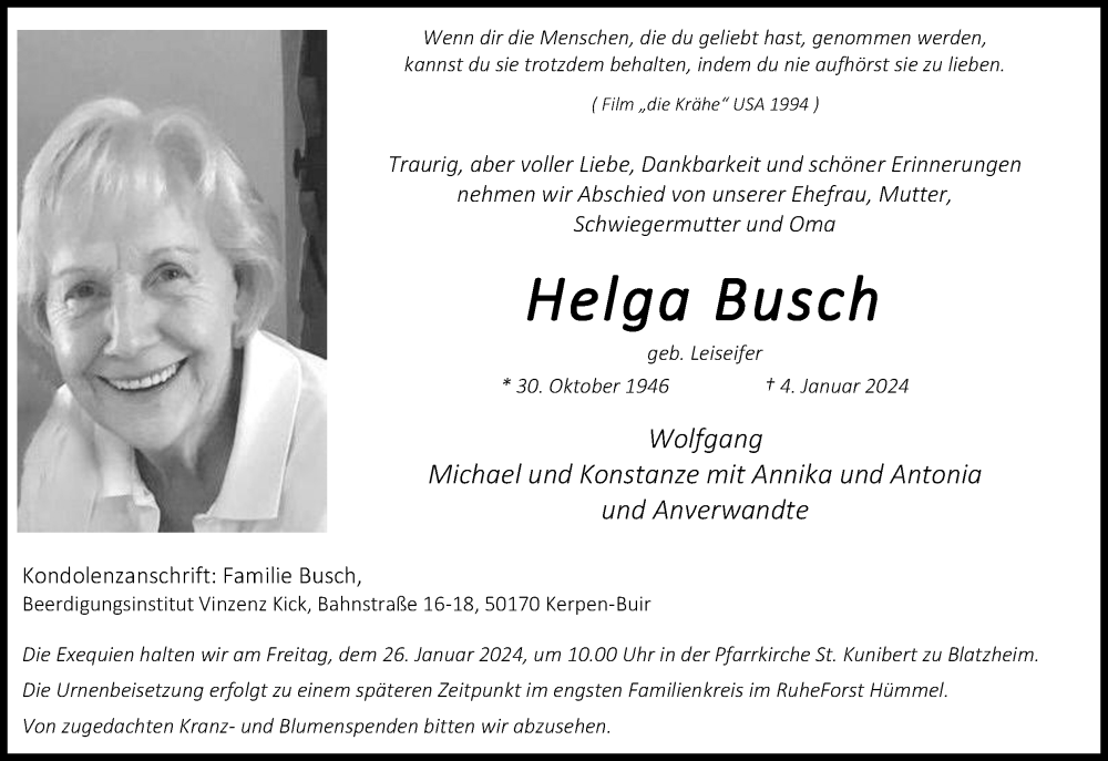  Traueranzeige für Helga Busch vom 20.01.2024 aus Kölner Stadt-Anzeiger / Kölnische Rundschau / Express