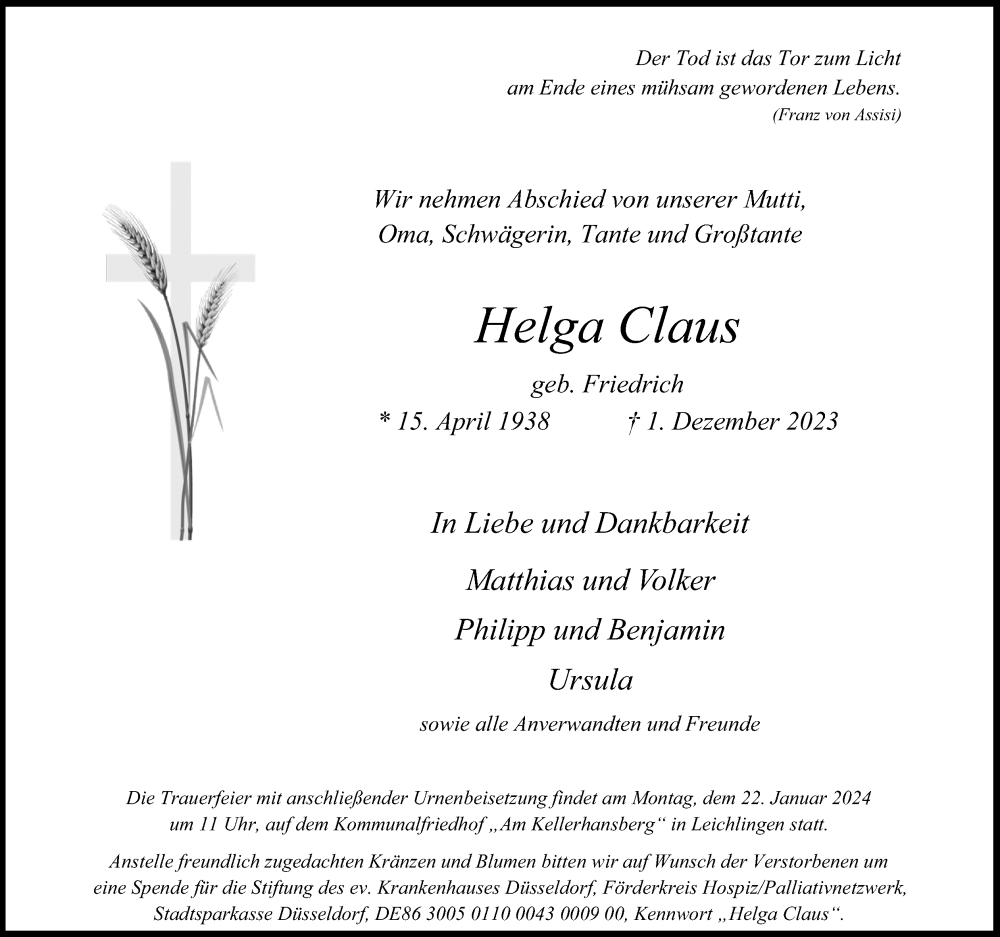  Traueranzeige für Helga Claus vom 13.01.2024 aus Kölner Stadt-Anzeiger / Kölnische Rundschau / Express