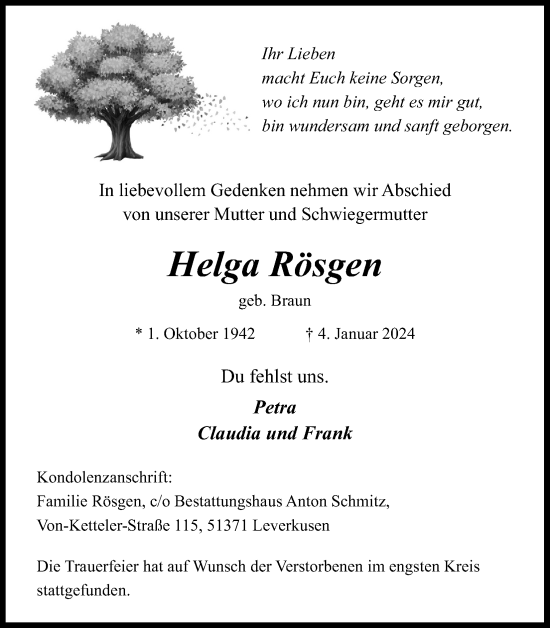 Anzeige von Helga Rösgen von Kölner Stadt-Anzeiger / Kölnische Rundschau / Express