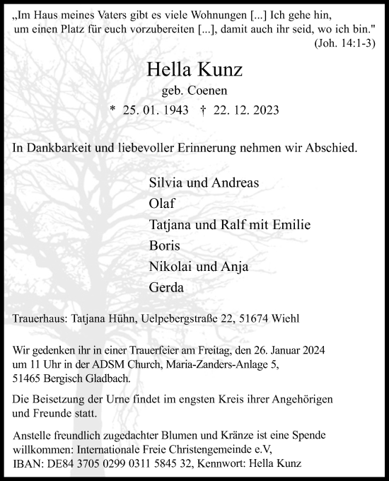 Anzeige von Hella Kunz von Kölner Stadt-Anzeiger / Kölnische Rundschau / Express