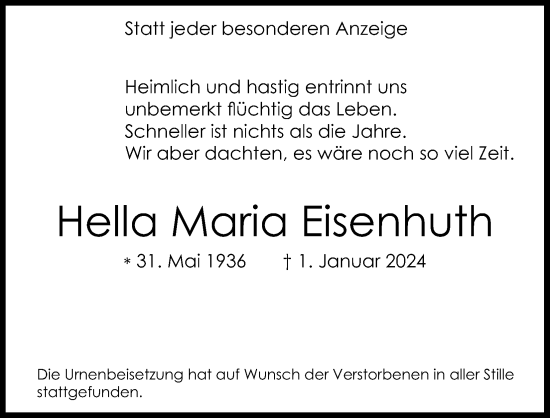 Anzeige von Hella Maria Eisenhuth von Kölner Stadt-Anzeiger / Kölnische Rundschau / Express
