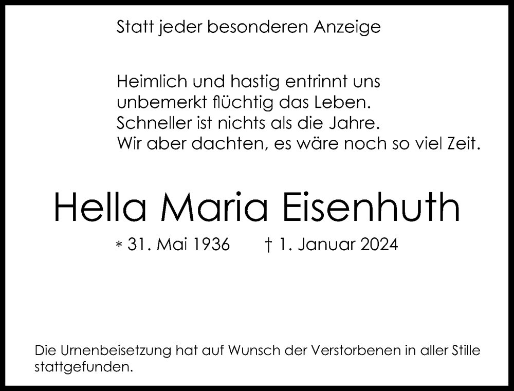  Traueranzeige für Hella Maria Eisenhuth vom 13.01.2024 aus Kölner Stadt-Anzeiger / Kölnische Rundschau / Express