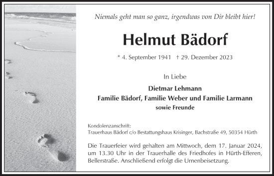 Anzeige von Helmut Bädorf von  Wochenende 