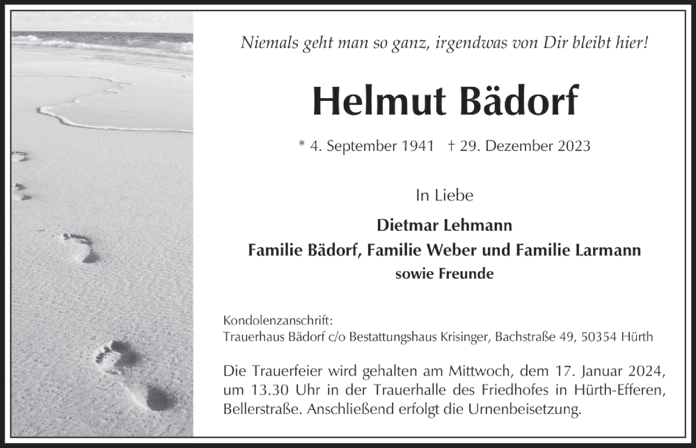  Traueranzeige für Helmut Bädorf vom 12.01.2024 aus  Wochenende 