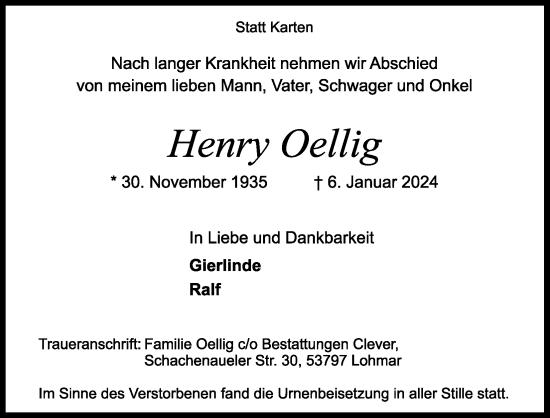 Anzeige von Henry Oellig von Kölner Stadt-Anzeiger / Kölnische Rundschau / Express