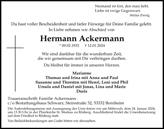 Anzeige von Hermann Ackermann von  Schaufenster/Blickpunkt 