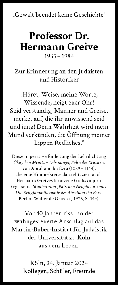 Anzeige von Hermann Greive von Kölner Stadt-Anzeiger / Kölnische Rundschau / Express