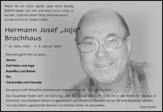 Anzeige von Hermann Josef Brochhaus von Kölner Stadt-Anzeiger / Kölnische Rundschau / Express