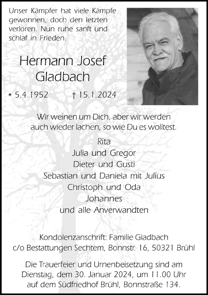  Traueranzeige für Hermann Josef Gladbach vom 26.01.2024 aus  Schlossbote/Werbekurier 