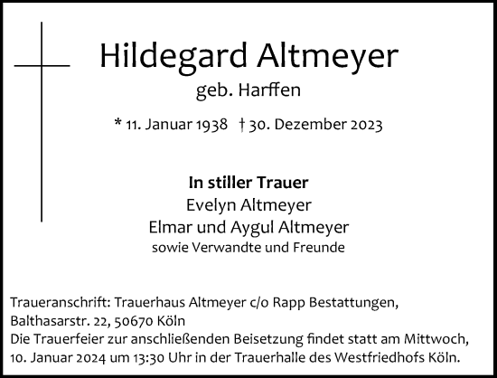 Anzeige von Hildegard Altmeyer von Kölner Stadt-Anzeiger / Kölnische Rundschau / Express
