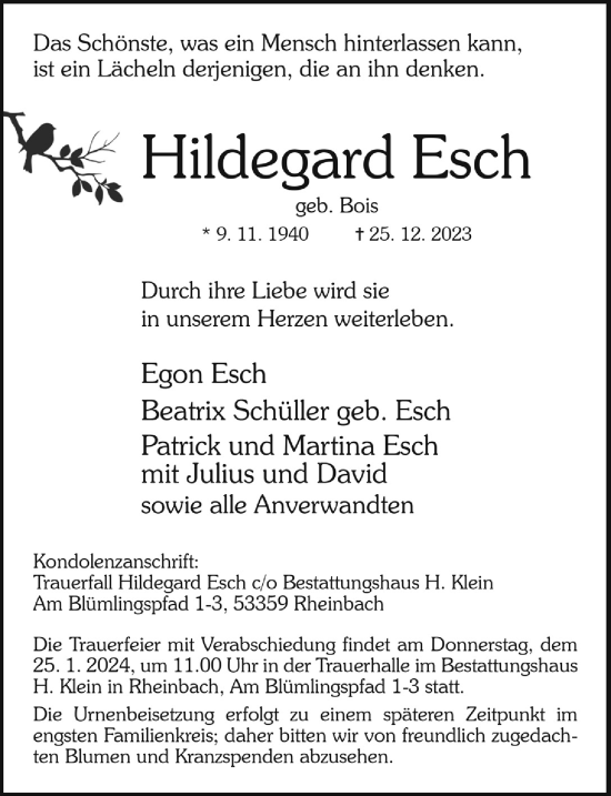 Anzeige von Hildegard Esch von  Schaufenster/Blickpunkt 