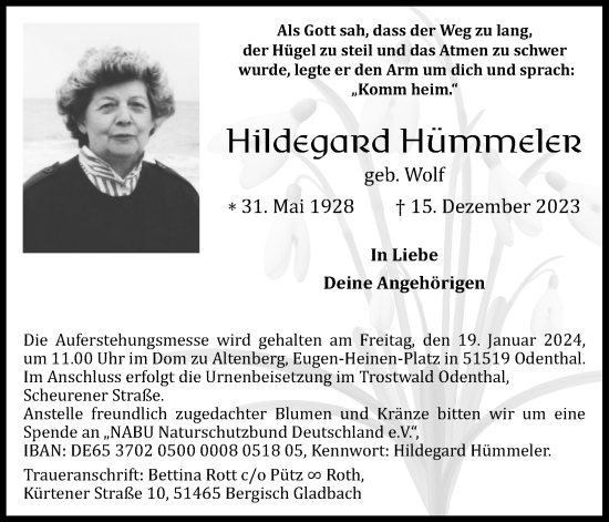 Anzeige von Hildegard Hümmeler von Kölner Stadt-Anzeiger / Kölnische Rundschau / Express