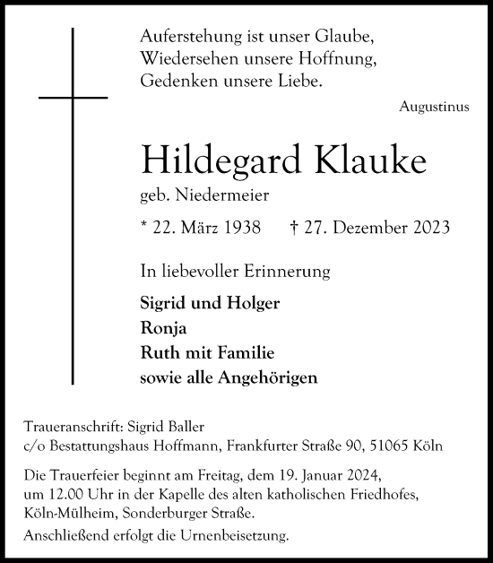 Anzeige von Hildegard Klauke von Kölner Stadt-Anzeiger / Kölnische Rundschau / Express