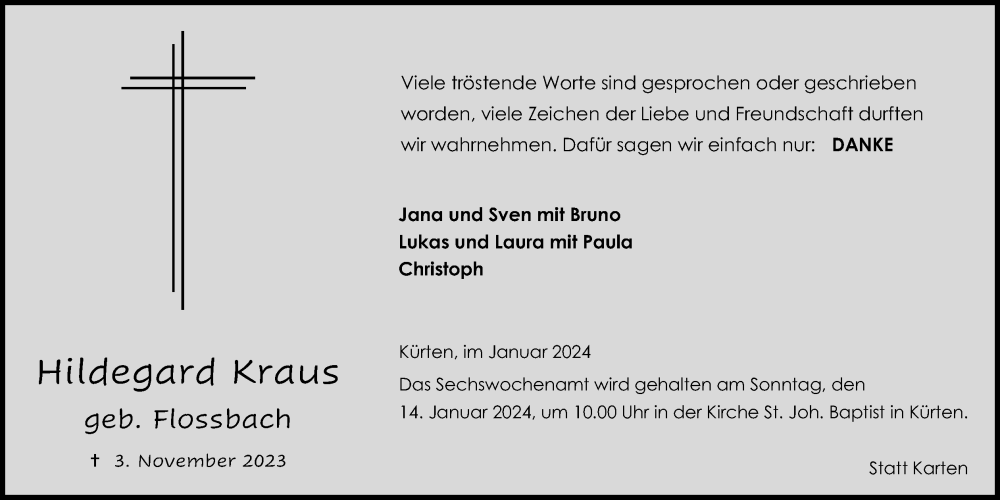  Traueranzeige für Hildegard Kraus vom 06.01.2024 aus Kölner Stadt-Anzeiger / Kölnische Rundschau / Express