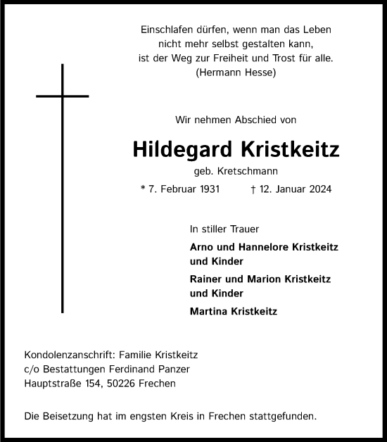 Anzeige von Hildegard Kristkeitz von Kölner Stadt-Anzeiger / Kölnische Rundschau / Express