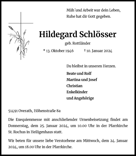 Anzeige von Hildegard Schlösser von Kölner Stadt-Anzeiger / Kölnische Rundschau / Express