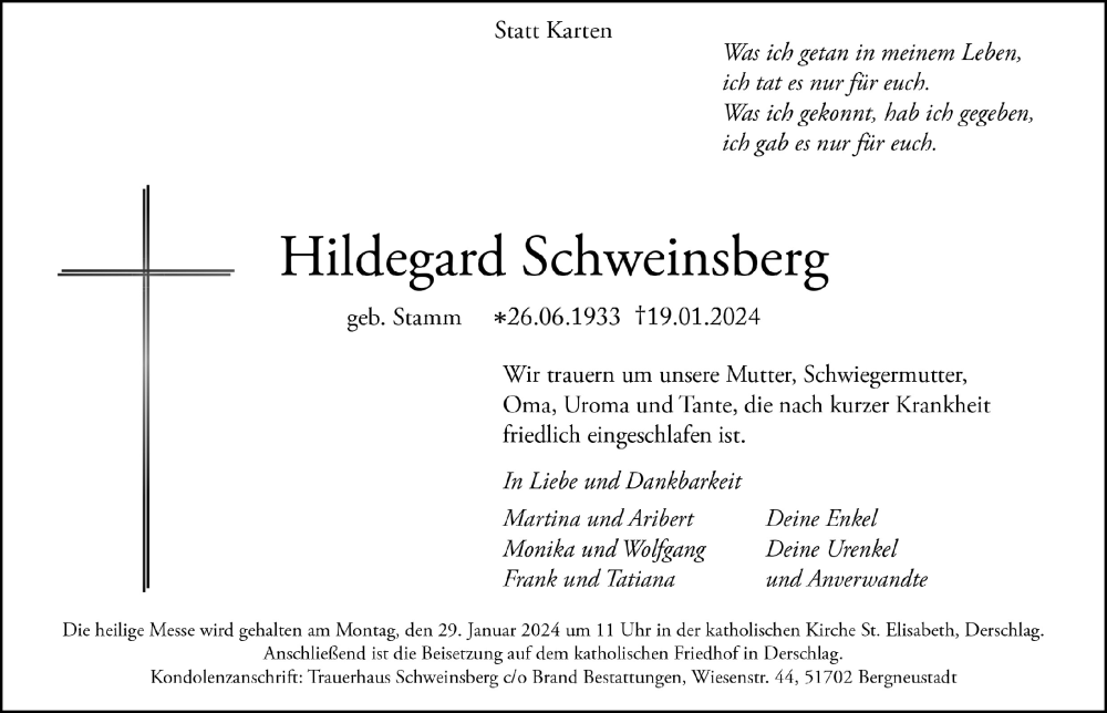  Traueranzeige für Hildegard Schweinsberg vom 26.01.2024 aus  Anzeigen Echo 