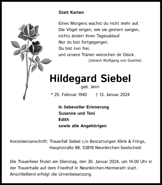 Anzeige von Hildegard Siebel von Kölner Stadt-Anzeiger / Kölnische Rundschau / Express